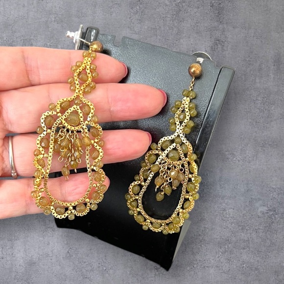 Long green and gold tone beaded gypsy earrings - Picture 2 of 3